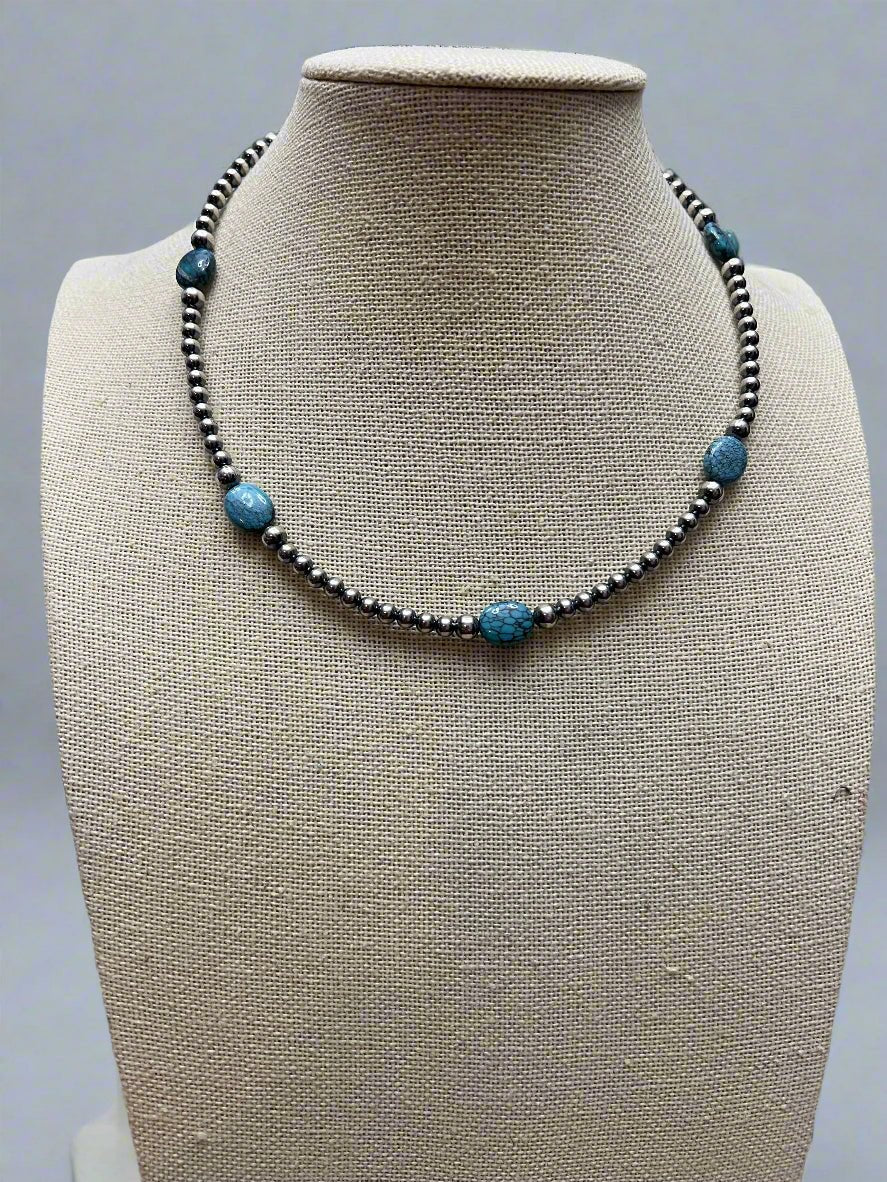 4mm & 5mm Sterling Pearl & Turquoise Choker — 15 inch (Handmade in North Texas)