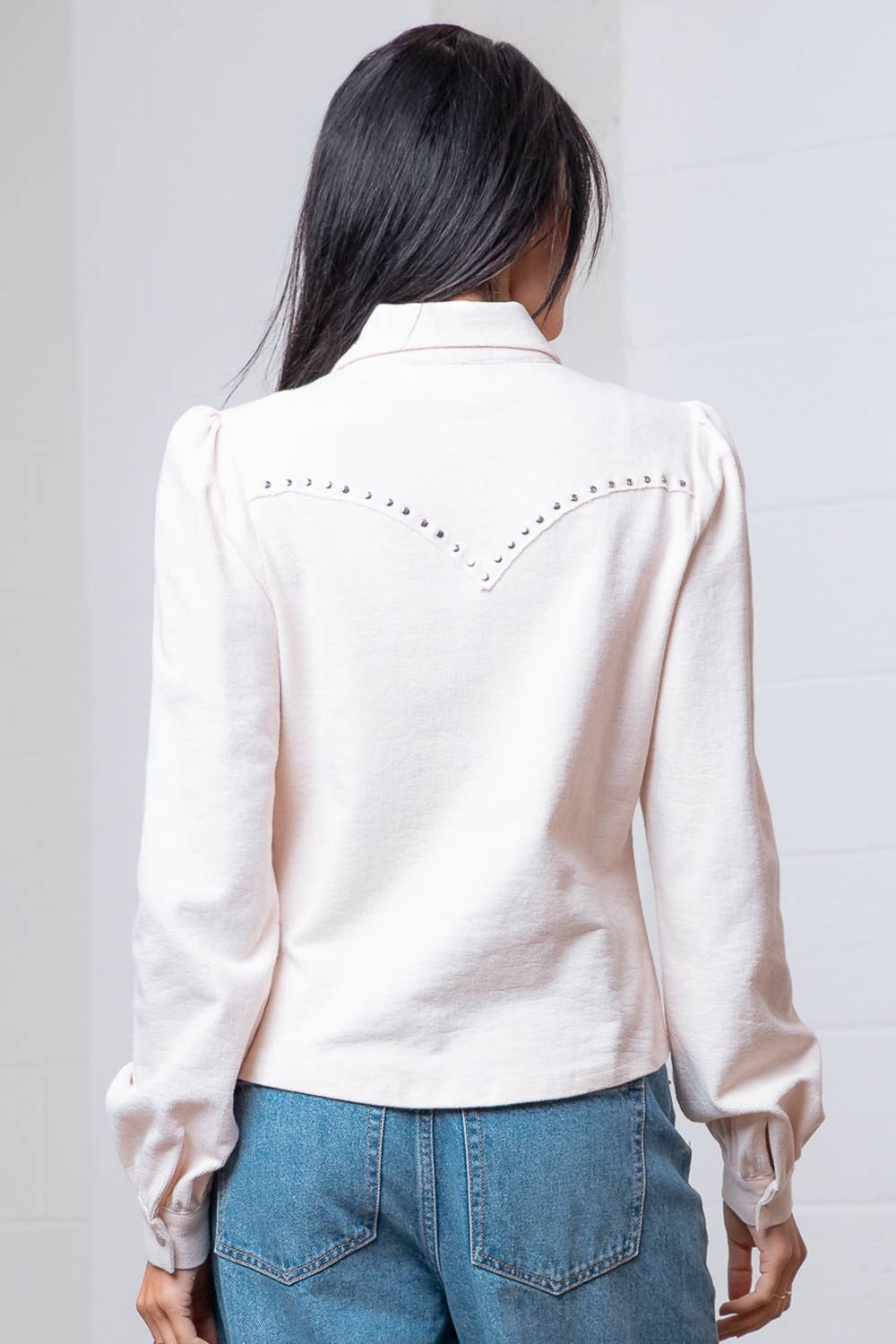 Taelynn "Amarillo" Studded Yoke Western Blouse — Cream Pearl Snap Long Puff Sleeve with Raw Edge Yoke