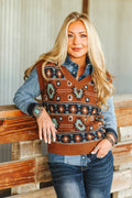 LUCKY & BLESSED Brown & Turquoise Southwestern Knit Sweater Vest — Cinnamon Base with Geometric Aztec Pattern (small remains)