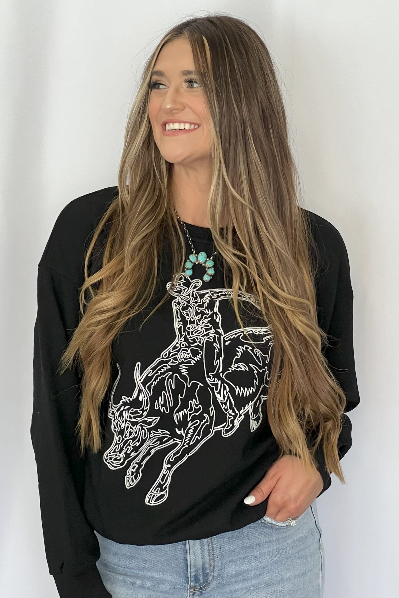 Blue B Western Bull Rider Embroidered Pullover Sweatshirt — 100% Cotton Rodeo Statement