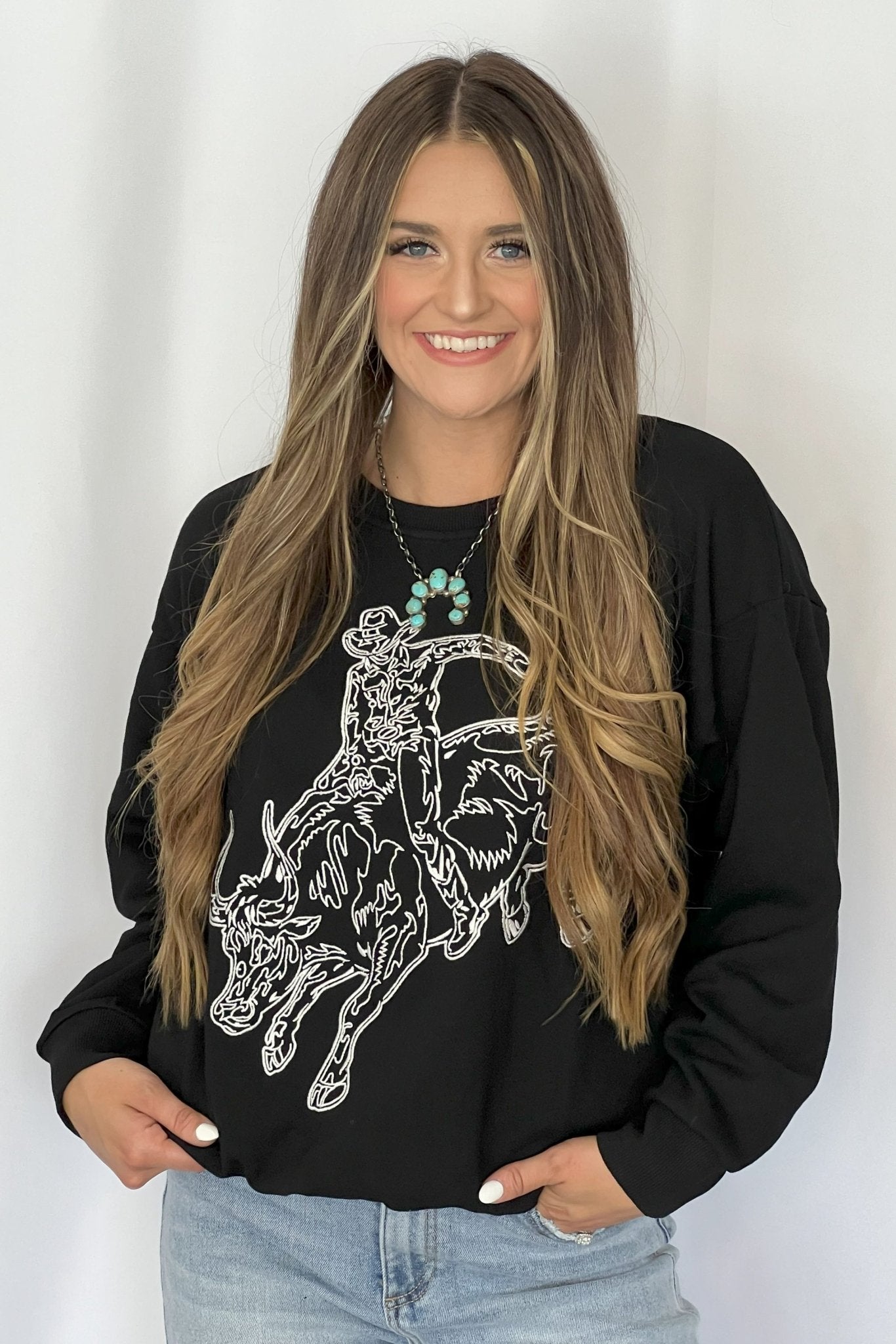Blue B Western Bull Rider Embroidered Pullover Sweatshirt — 100% Cotton Rodeo Statement