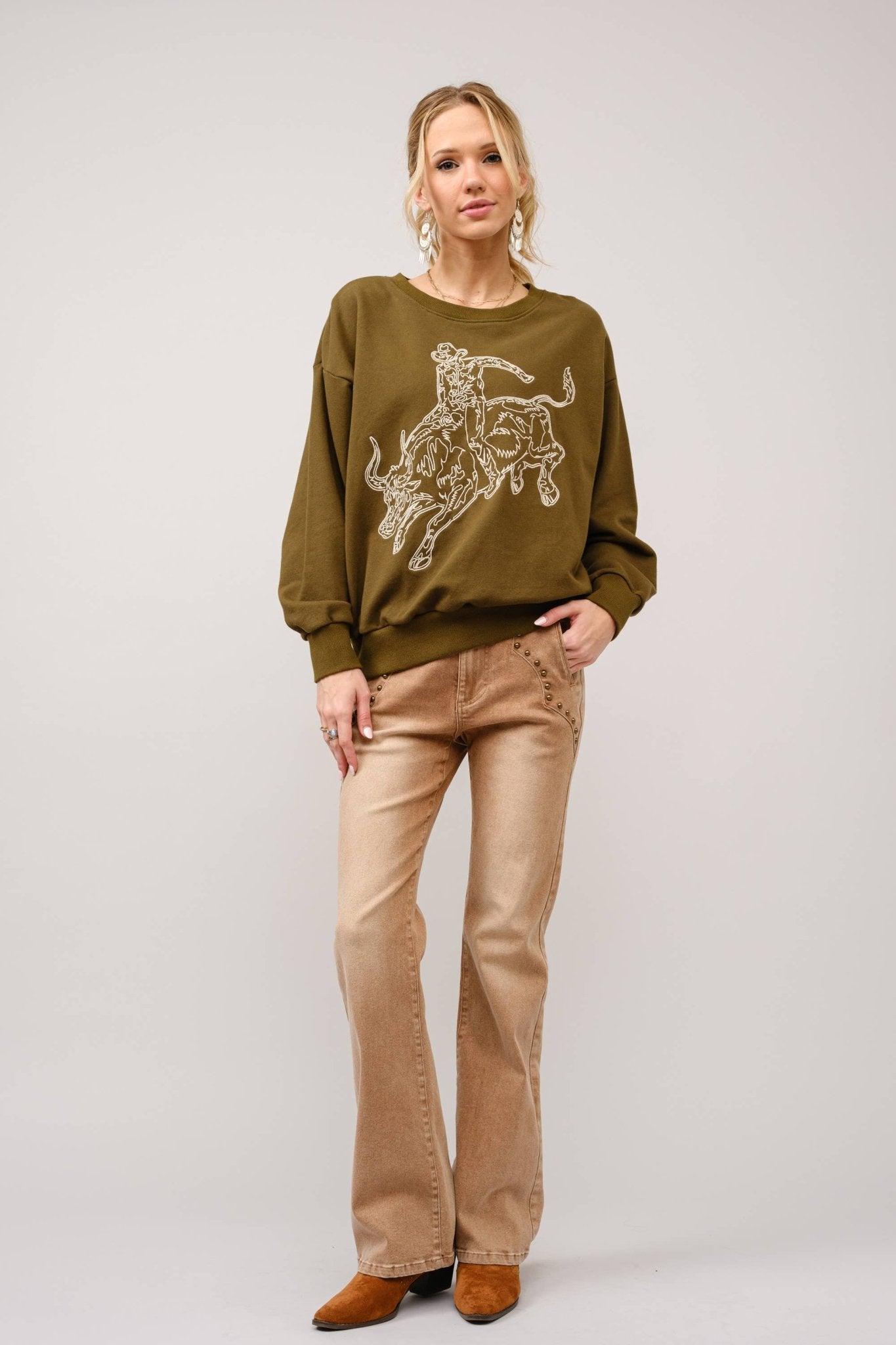 Blue B Western Bull Rider Embroidered Pullover Sweatshirt — 100% Cotton Rodeo Statement