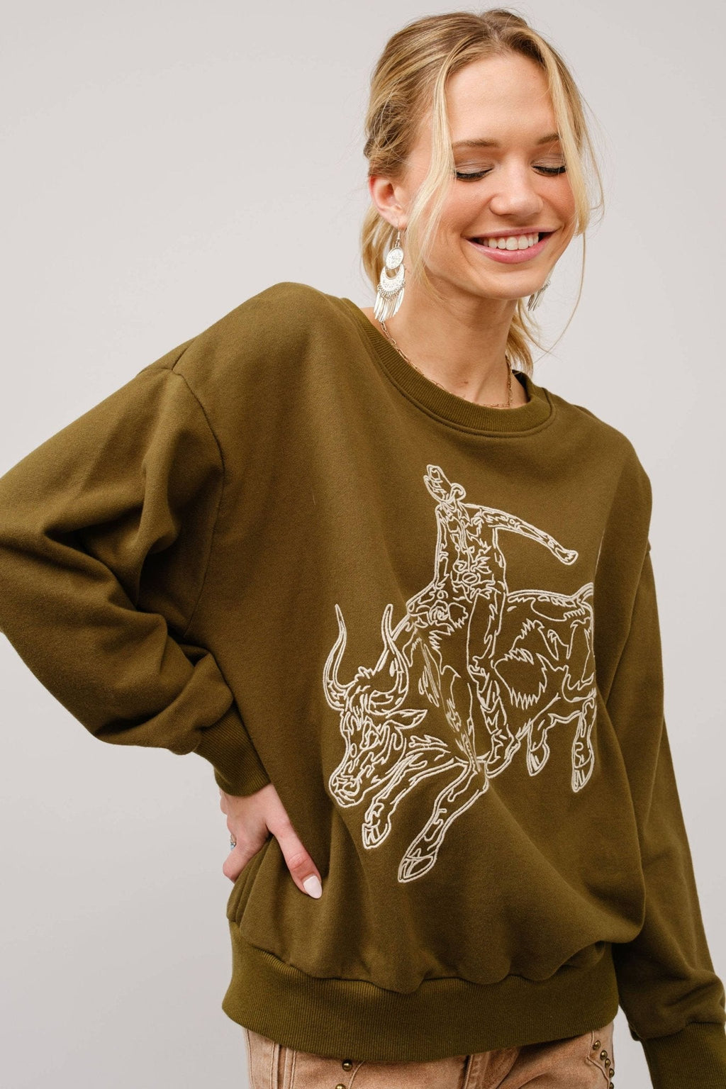 Blue B Western Bull Rider Embroidered Pullover Sweatshirt — 100% Cotton Rodeo Statement