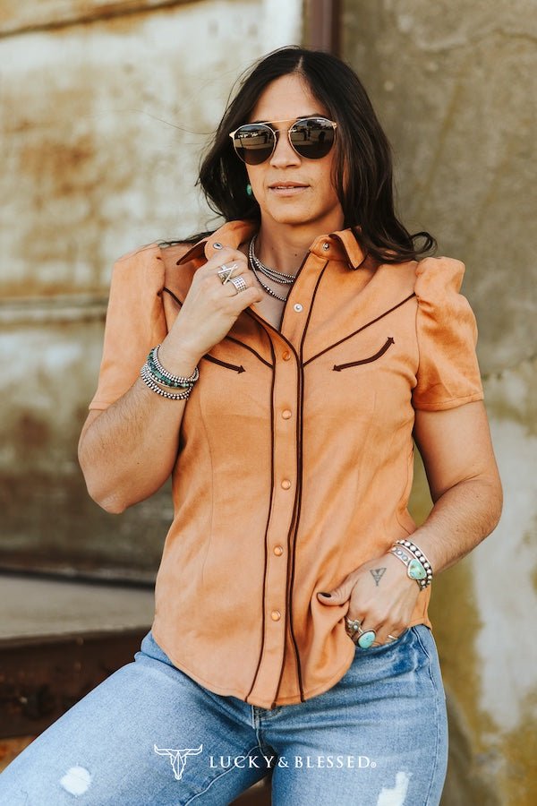 LUCKY & BLESSED Camel Suede Western Pearl Snap Top — Puff Sleeve with Contrast Arrow Piping