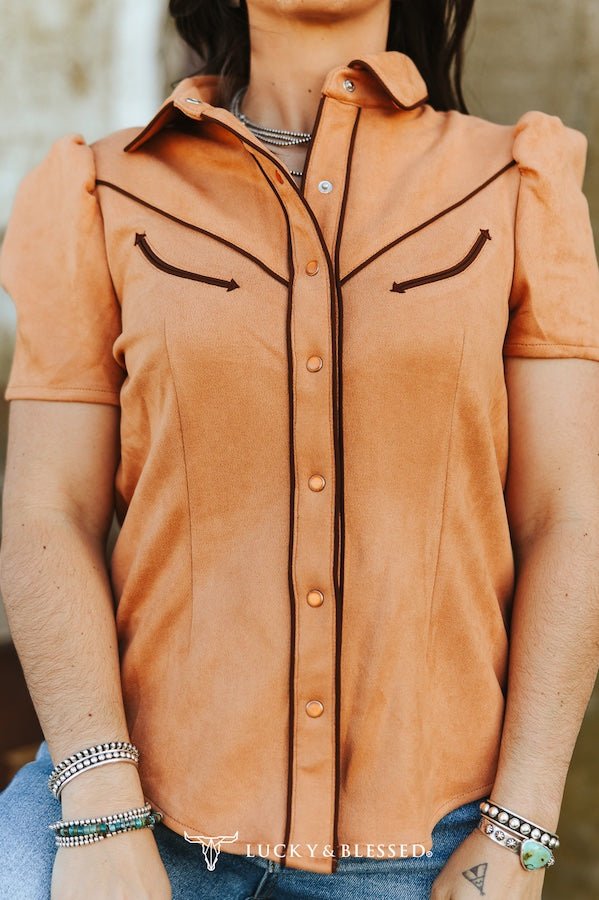 LUCKY & BLESSED Camel Suede Western Pearl Snap Top — Puff Sleeve with Contrast Arrow Piping