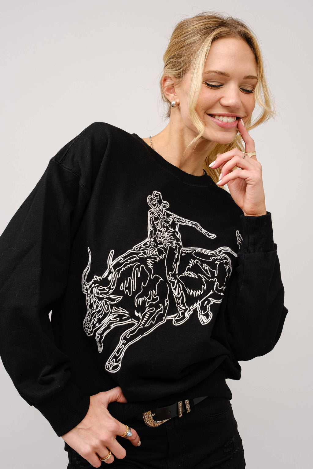 Blue B Western Bull Rider Embroidered Pullover Sweatshirt — 100% Cotton Rodeo Statement