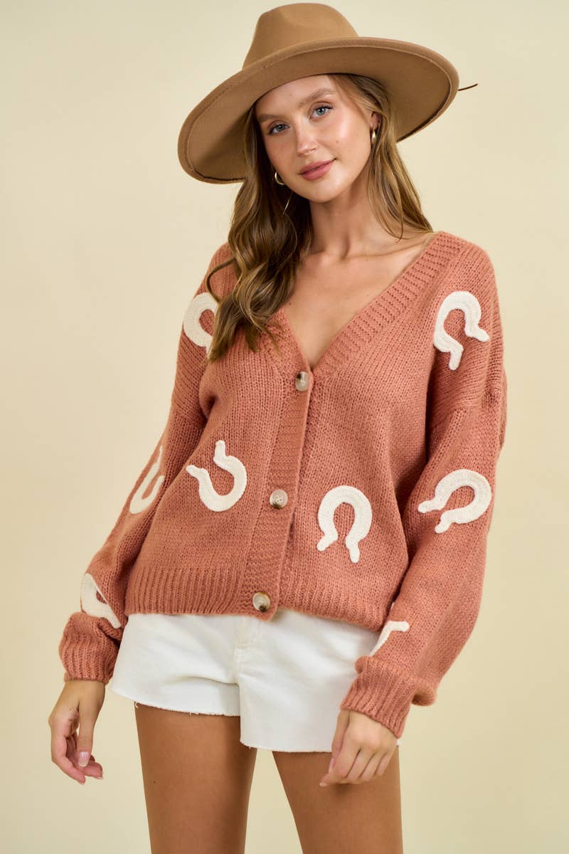 Doe and Rae Western Horseshoe Patch Cardigan — Chunky Knit with Oversized Horseshoe Patches & Button Front (small remains)