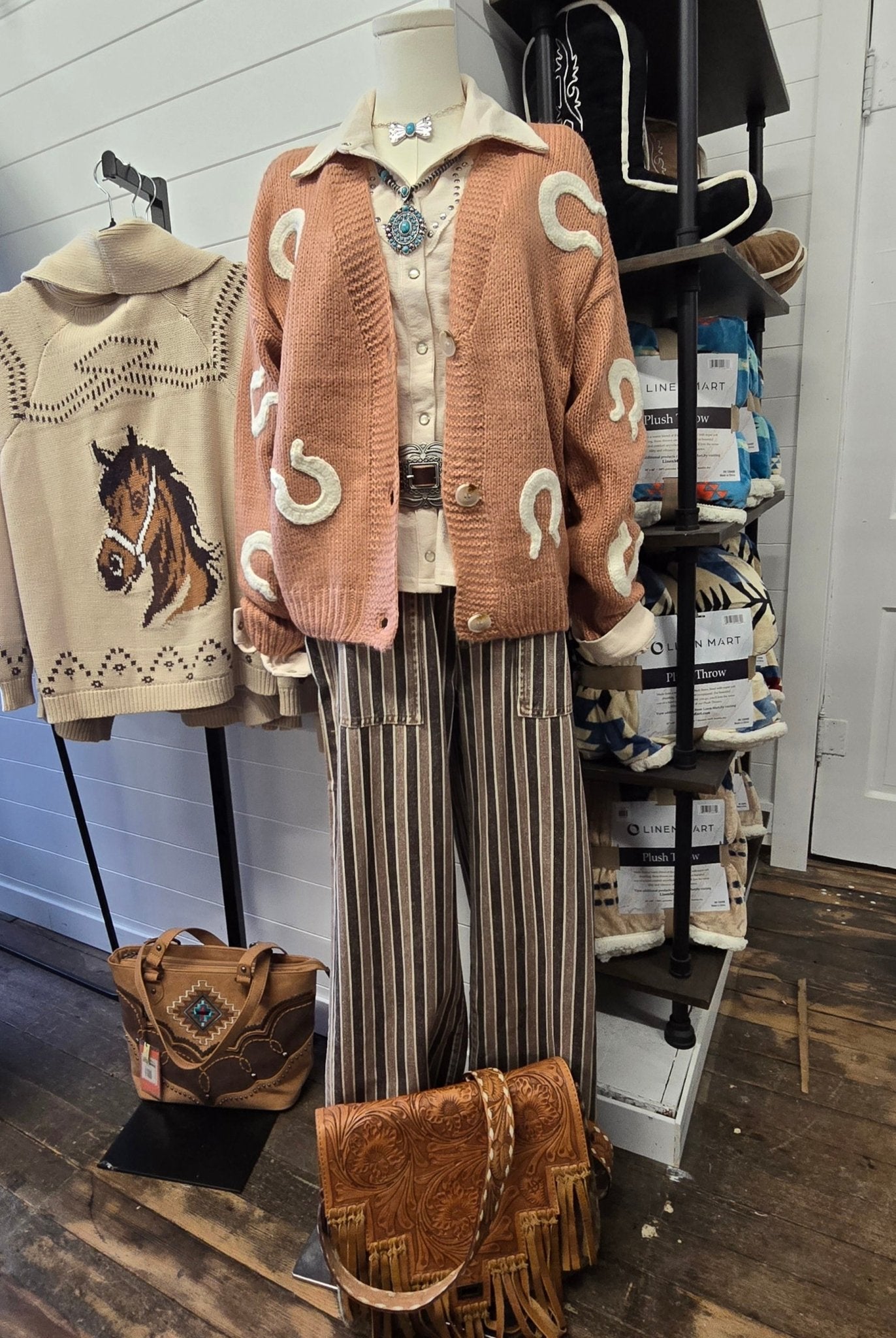 Doe and Rae Western Horseshoe Patch Cardigan — Chunky Knit with Oversized Horseshoe Patches & Button Front (small remains)