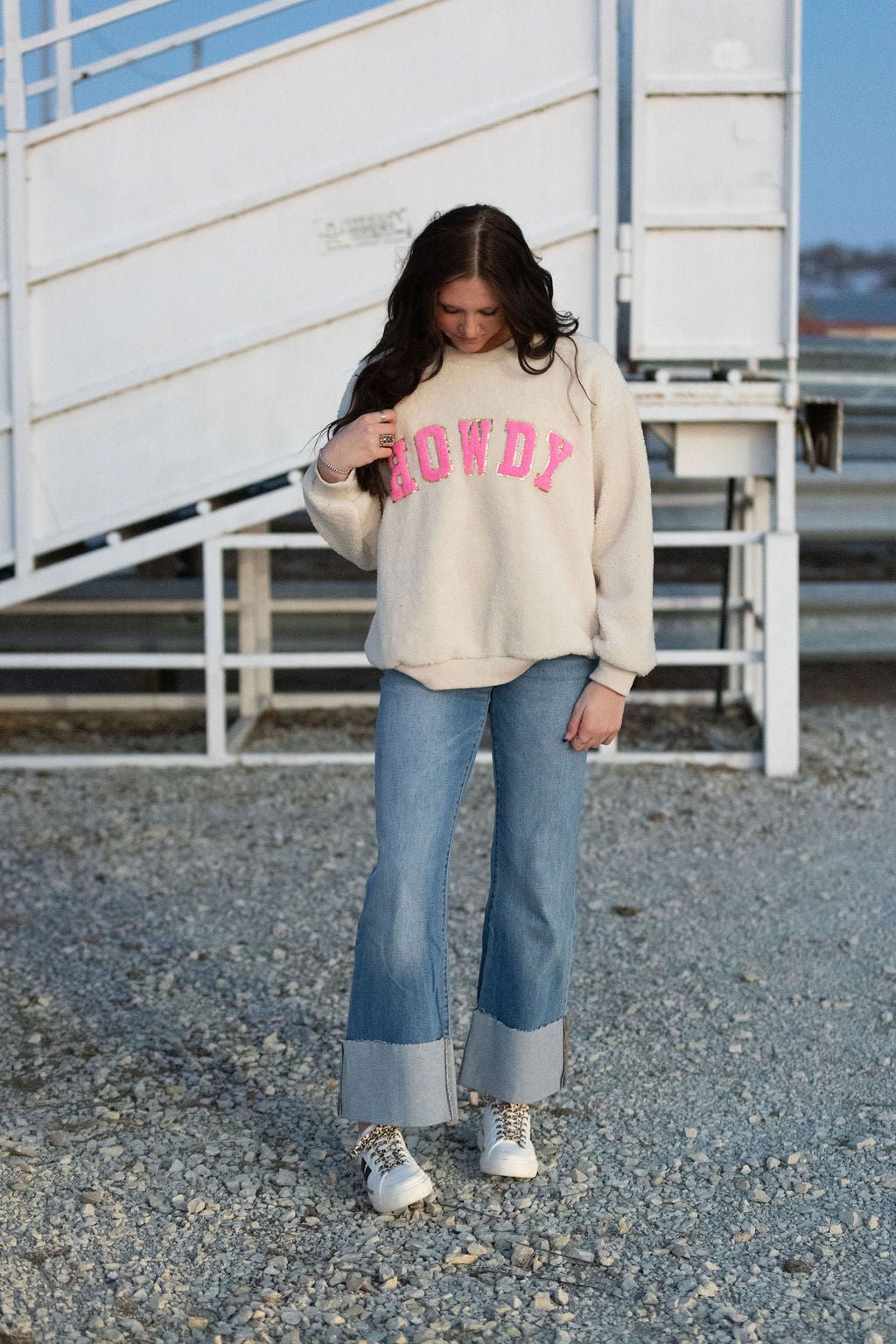 "Howdy" Western Sherpa Pullover — Ivory with Pink & Gold Applique Patches (XL remains)