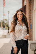 Blue B "Let'r Buck" Western Chiffon Button-Down Blouse — Soft Feminine Rodeo Print