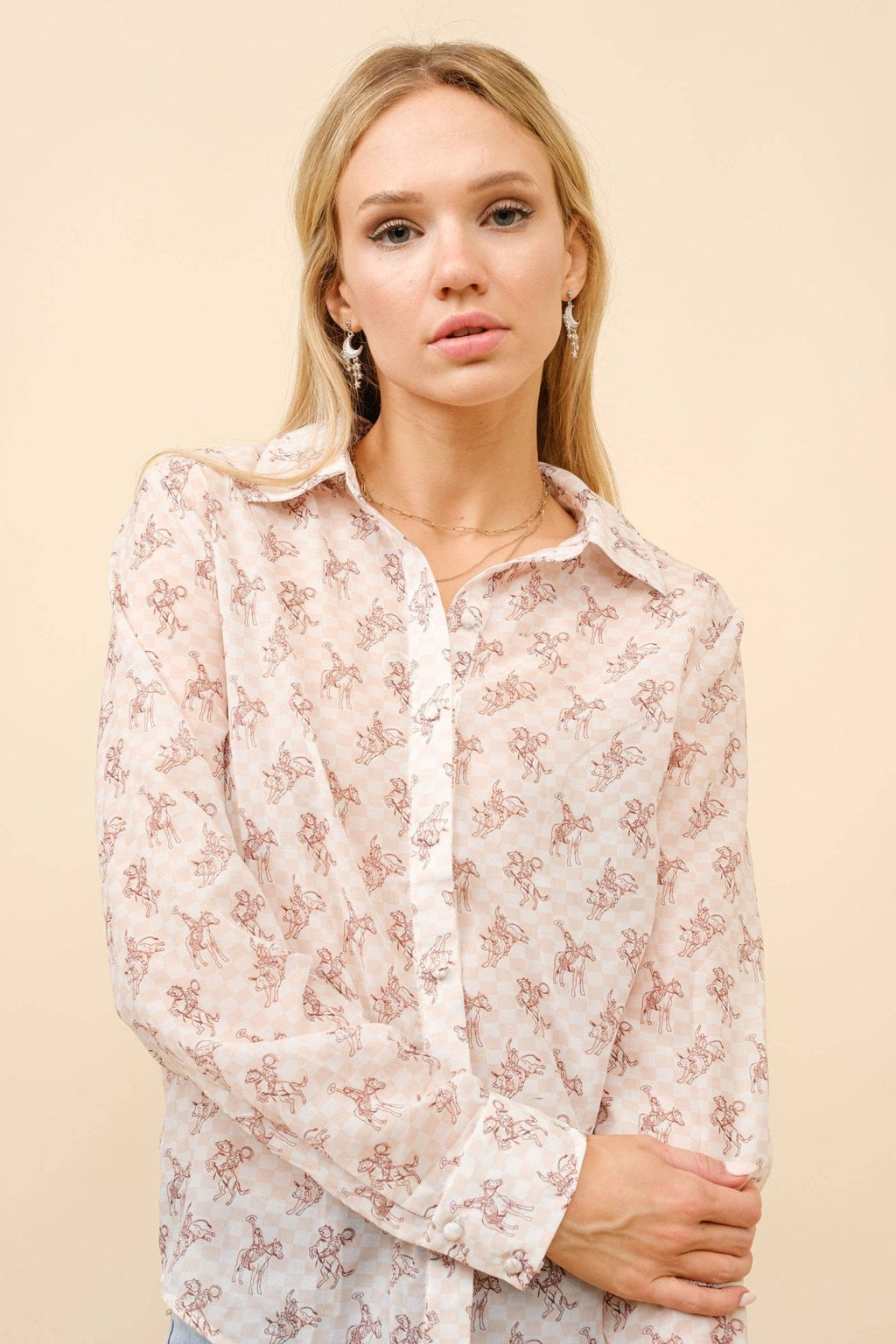 Blue B "Let'r Buck" Western Chiffon Button-Down Blouse — Soft Feminine Rodeo Print