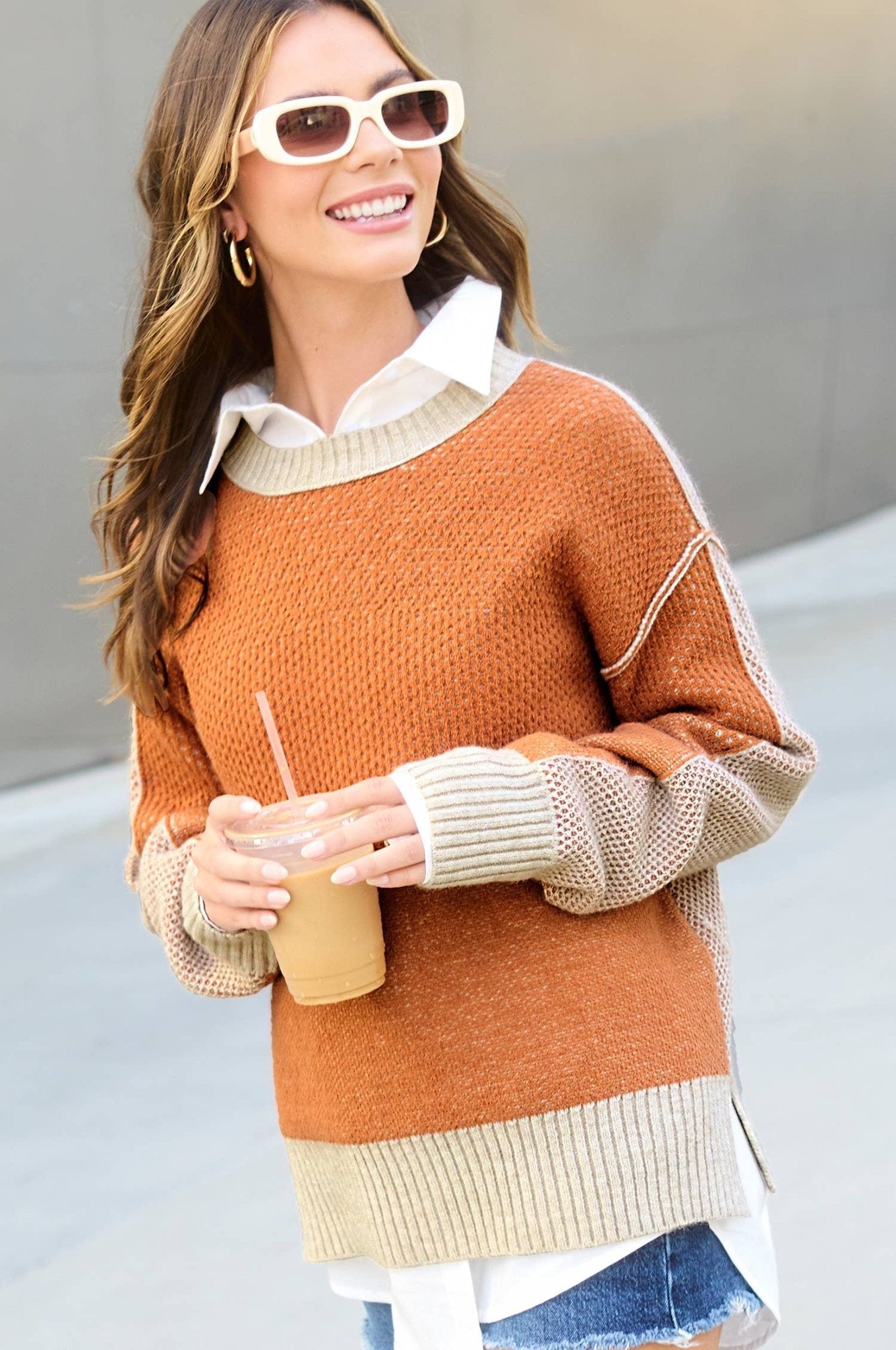 La Miel Loose-Fit Color Block Textured Round Neck Western Sweater — Side Slit Cozy Layering (Baked Ginger or Black Sesame, Medium available)