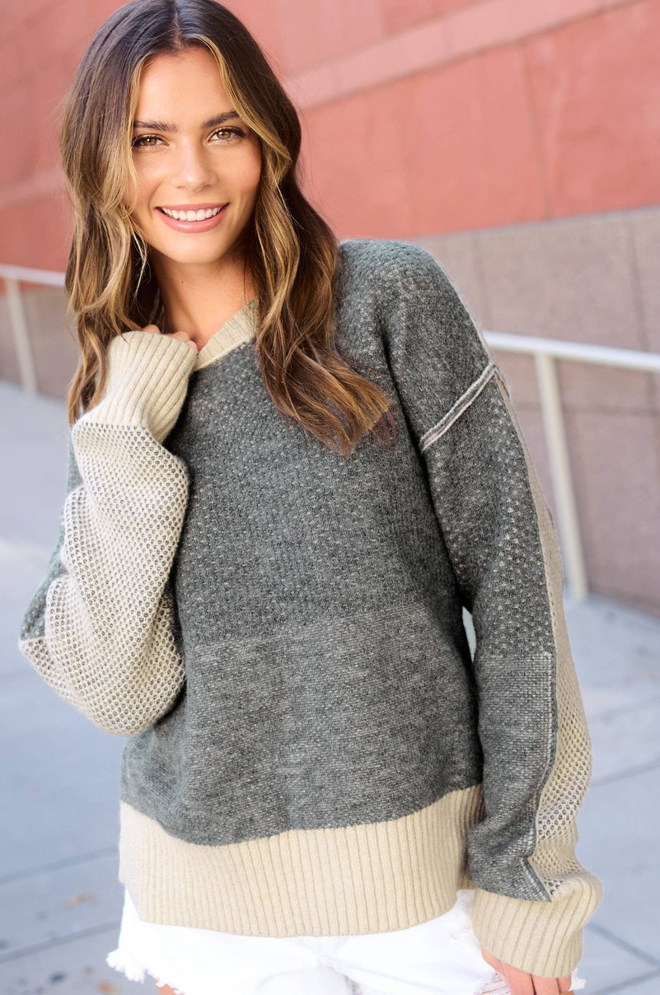 La Miel Loose-Fit Color Block Textured Round Neck Western Sweater — Side Slit Cozy Layering (Baked Ginger or Black Sesame, Medium available)