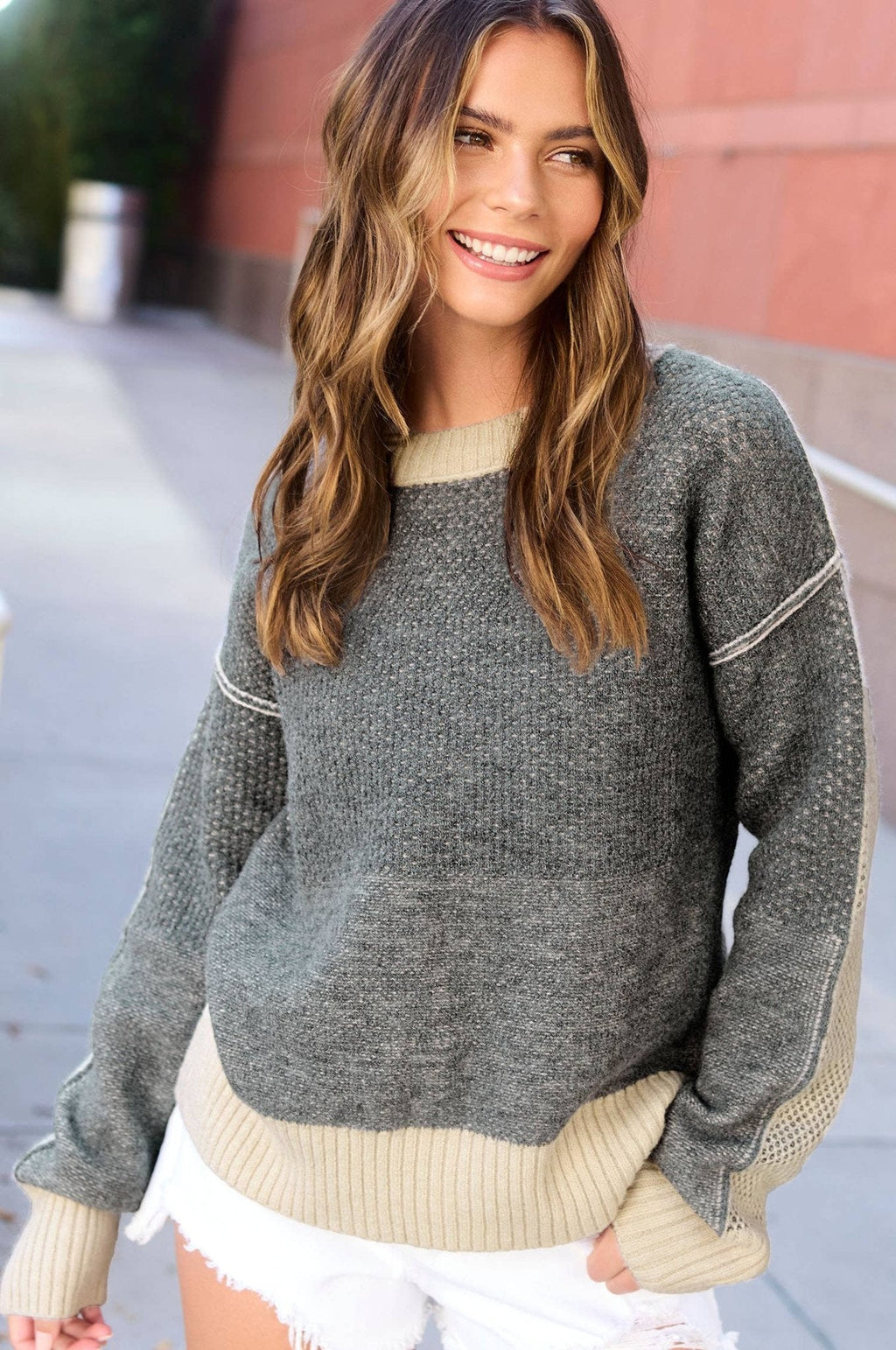 La Miel Loose-Fit Color Block Textured Round Neck Western Sweater — Side Slit Cozy Layering (Baked Ginger or Black Sesame, Medium available)