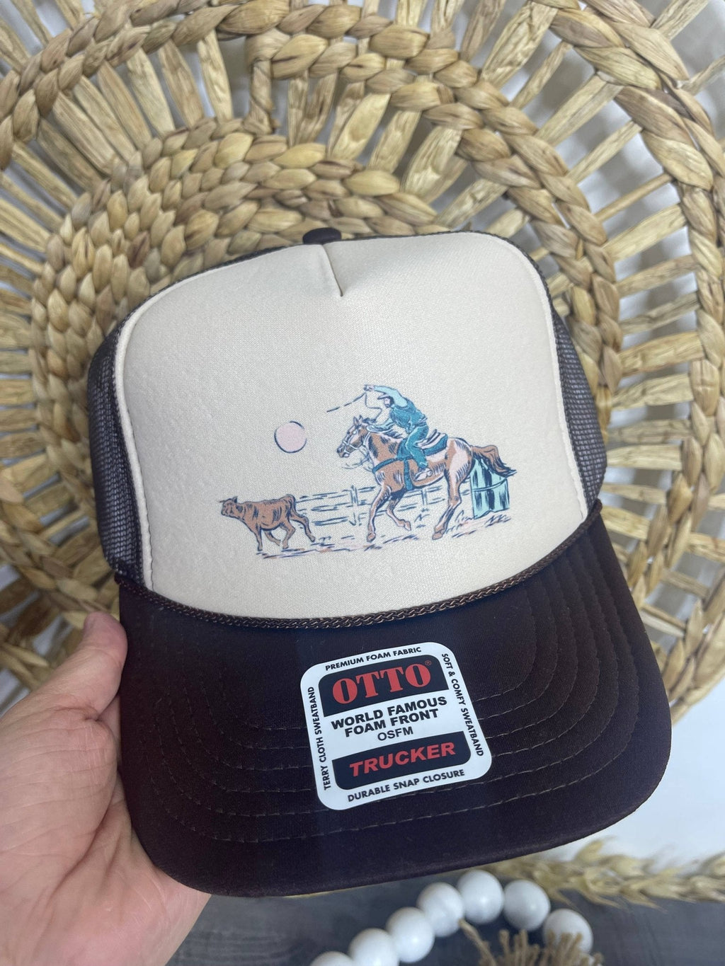 "Roping Cowboy" Trucker Hat — Otto 5-Panel Foam Front with DTF Western Print & Mesh Back