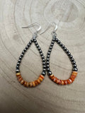 Sterling Pearl & Orange Spiny Oyster Teardrop Earrings — 2.5 inch drop (Made in USA)