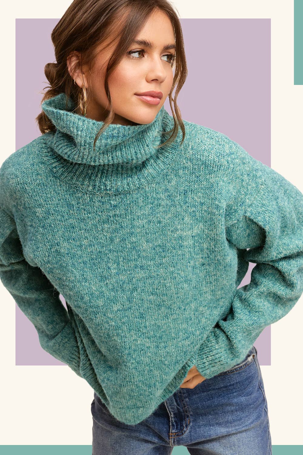 La Miel Loose-Fit Turtleneck Pin-Tuck Long Sleeve Western Sweater — Drop Shoulder Cozy Layering (small remaining)