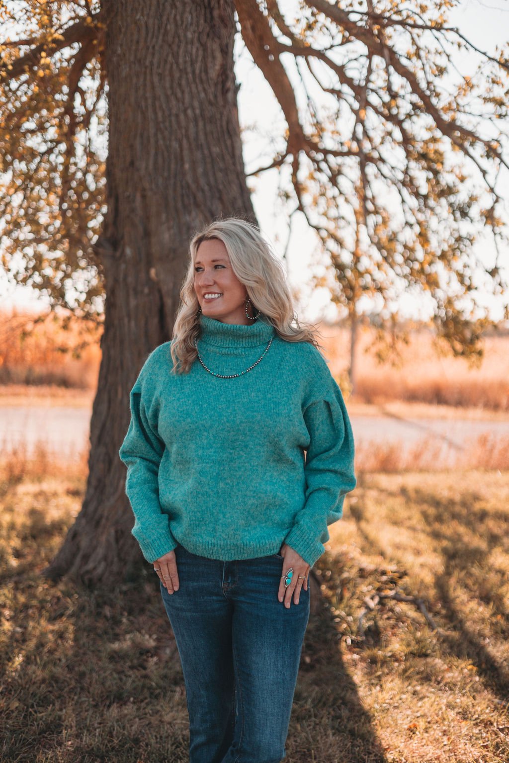La Miel Loose-Fit Turtleneck Pin-Tuck Long Sleeve Western Sweater — Drop Shoulder Cozy Layering (small remaining)